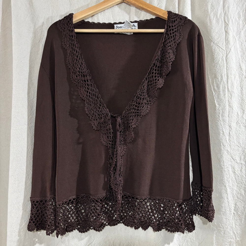 Joseph A Vintage Y2K Brown Crochet Lace Trim Tie Front Cardigan Sweater Medium